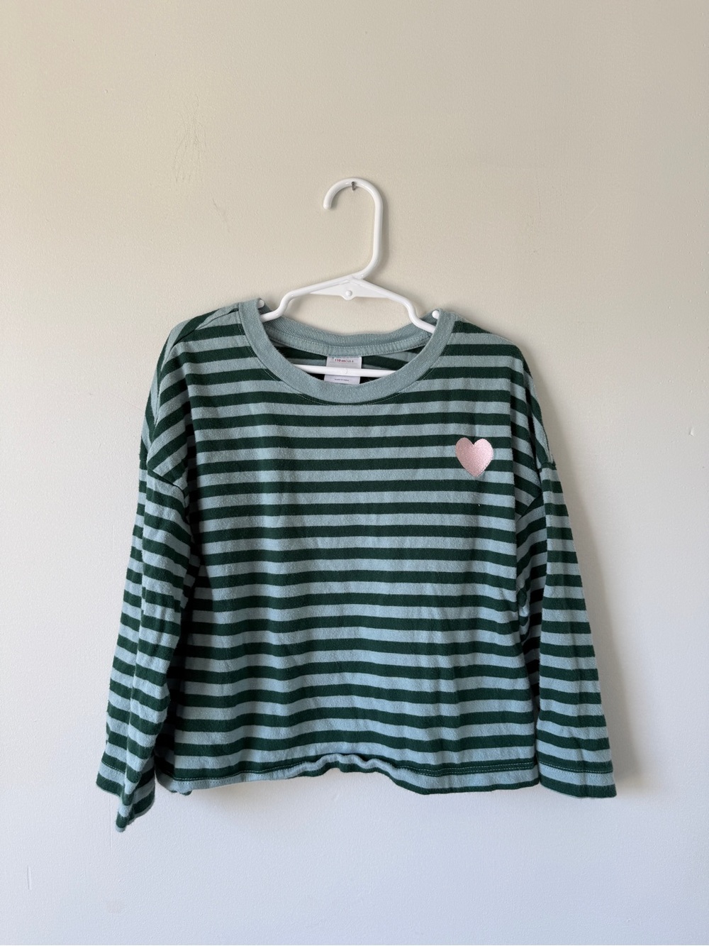 Hanna Andersson Dark Green & Light Green Striped Long Sleeve Top with Pink Heart